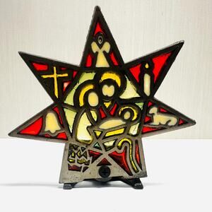 Vintage Nativity Stained Glass Tea Light Candle Holder Cast Iron Star Shaped